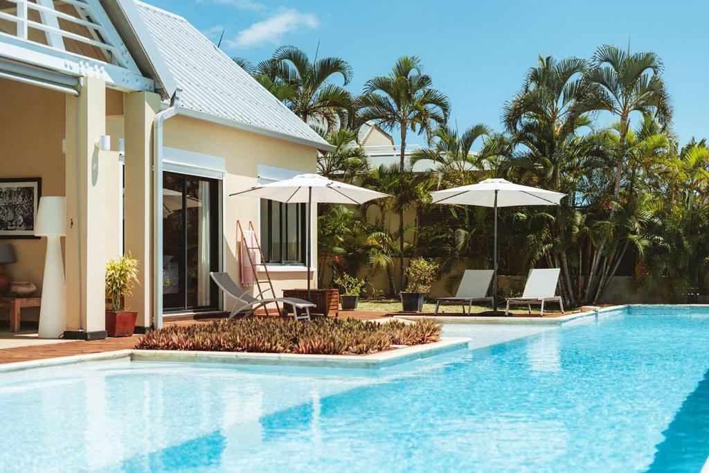 Piscine de Villa Lakaz devant la terrasse et les palmiers
